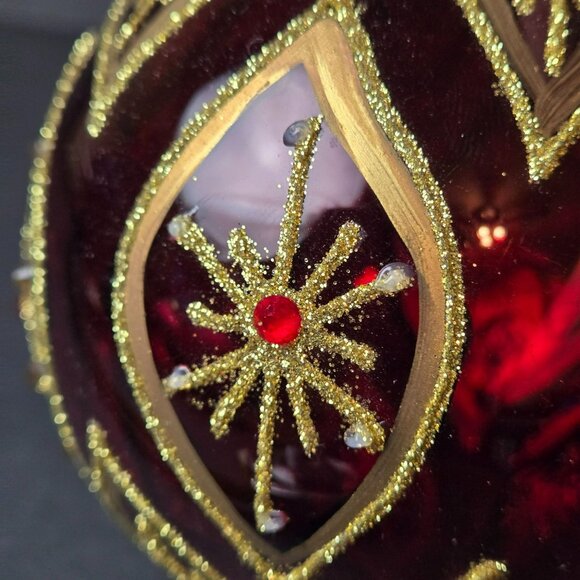 Frontgate Burgundy Gold Glass Ornament Jeweled Starburst Design Large 4" - Picture 4 of 7